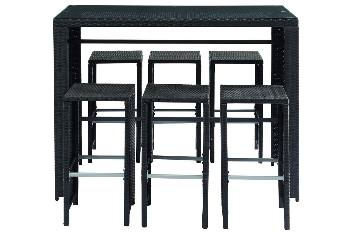 Salon de jardin en r�sine tress�e noire avec table et 6 chaises hautes CANCUN