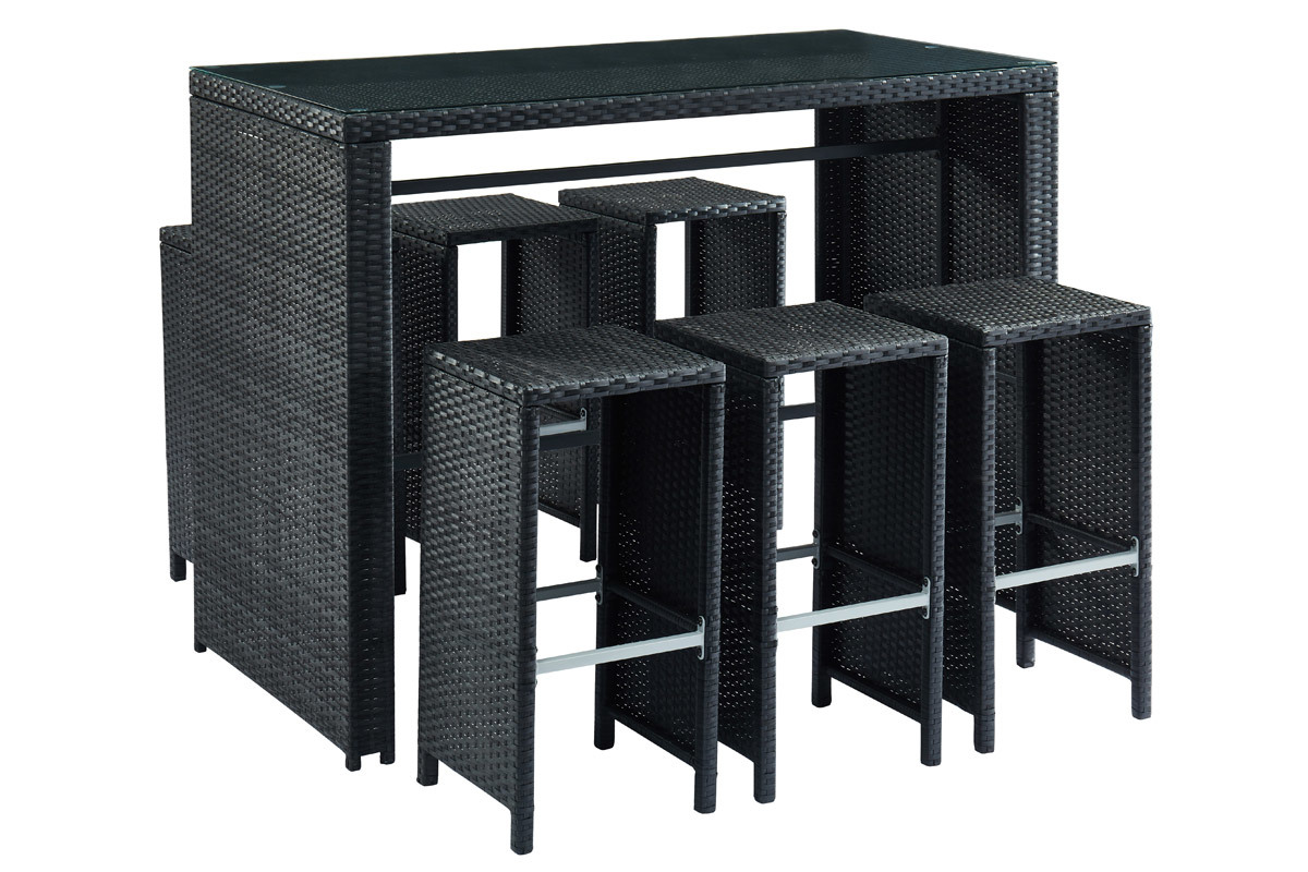 Salon de jardin en r�sine tress�e noire avec table et 6 chaises hautes CANCUN