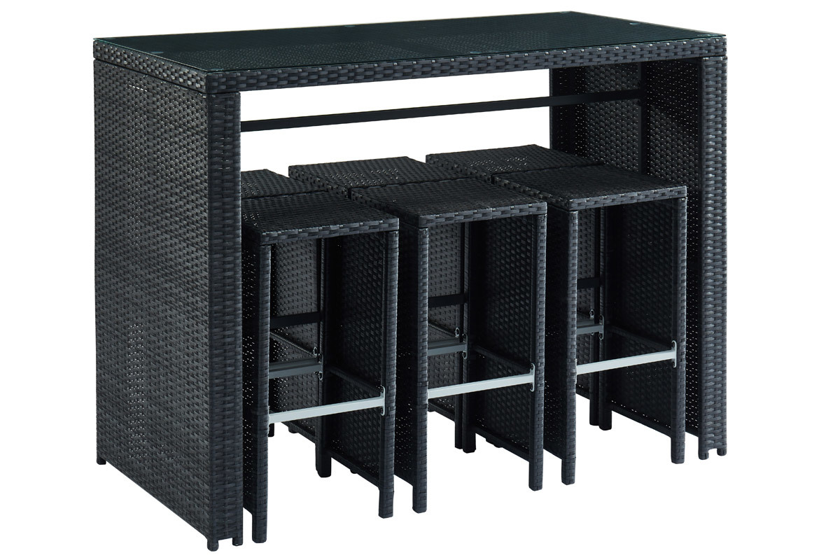 Salon de jardin en r�sine tress�e noire avec table et 6 chaises hautes CANCUN