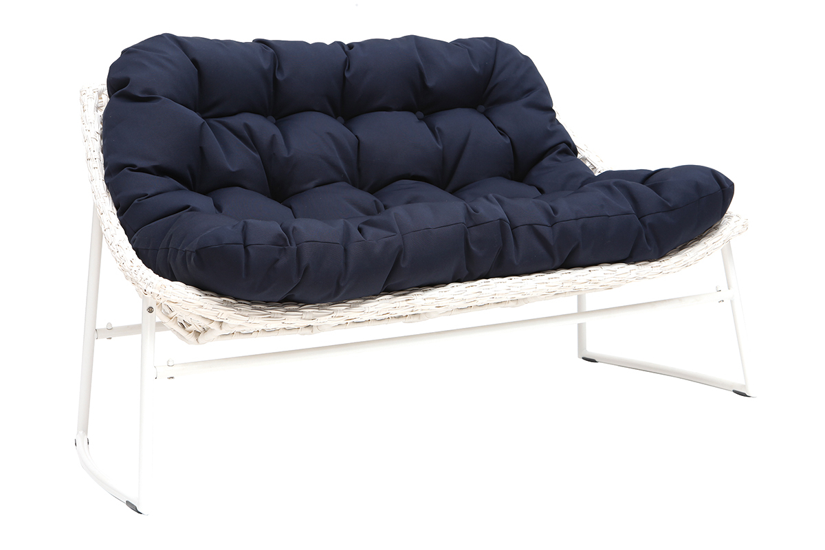 Salon de jardin r�sine tress�e blanc et bleu fonc� avec table basse COMFY