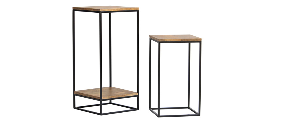 Sellettes gigognes en acacia et m�tal noir (lot de 2)  IGGY