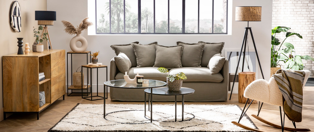 Sellettes gigognes en acacia et m�tal noir (lot de 2)  IGGY