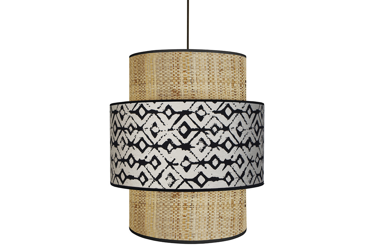 Suspension bi-matière jute naturel et tissu imprimé noir et beige D40 cm ZAZA