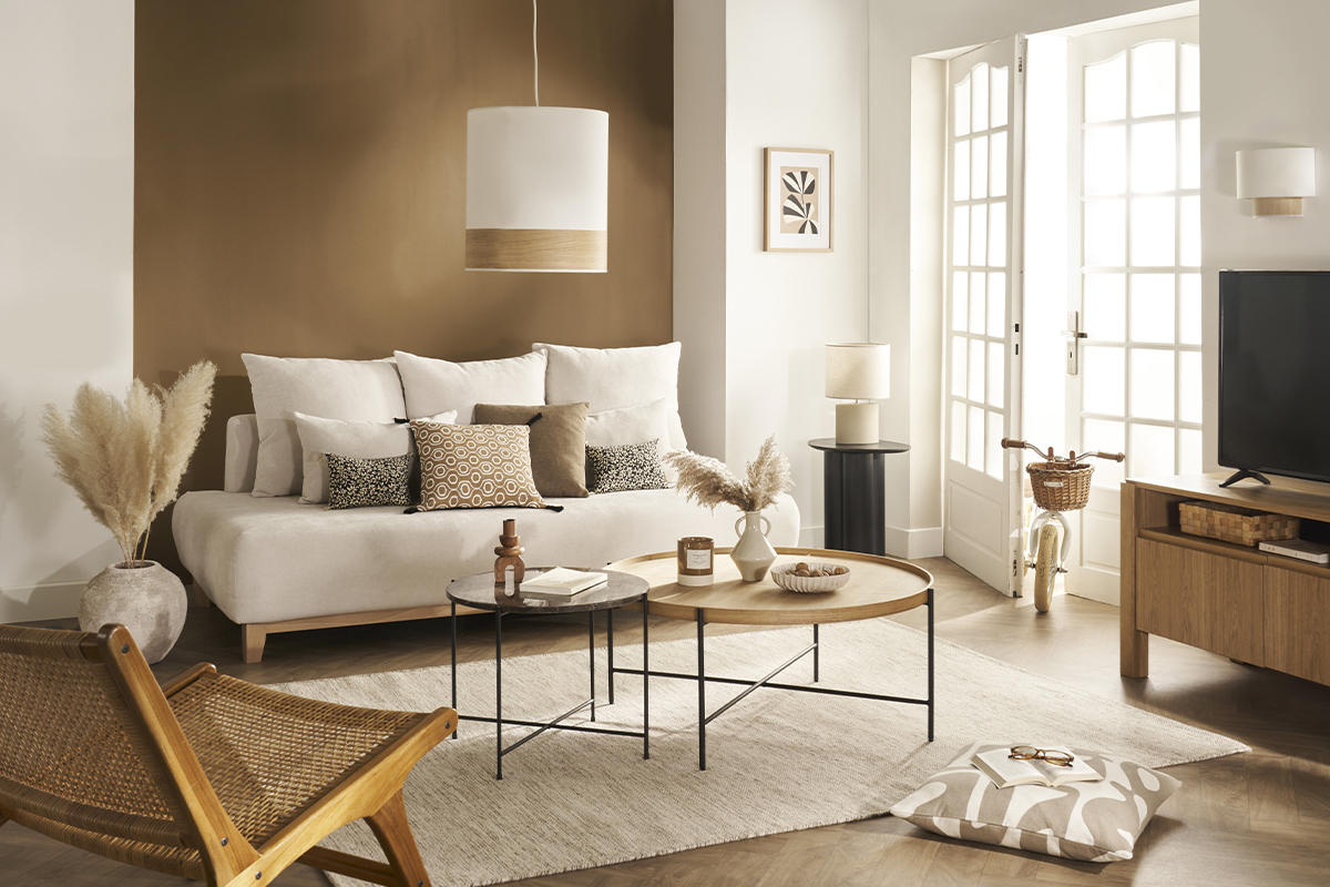 Suspension design bi-matire en coton blanc cass et feuille d'acajou D38 cm SOLAR