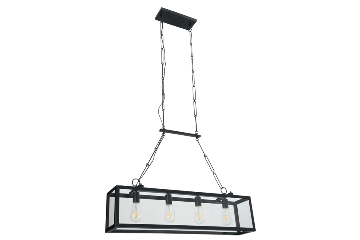 Suspension industrielle 4 lampes m�tal noir verre GALERIA
