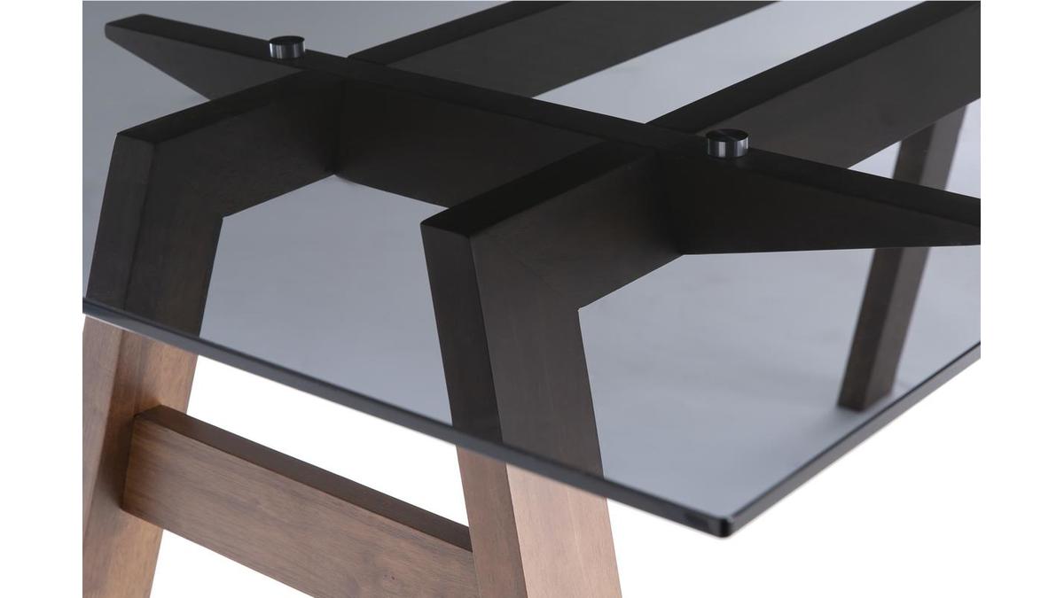 Table  manger design en verre fum noir et bois fonc L160 cm BACCO