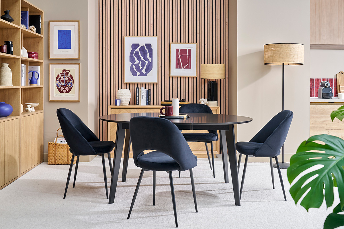 Table � manger design extensible ronde noire L120-150 cm LEENA