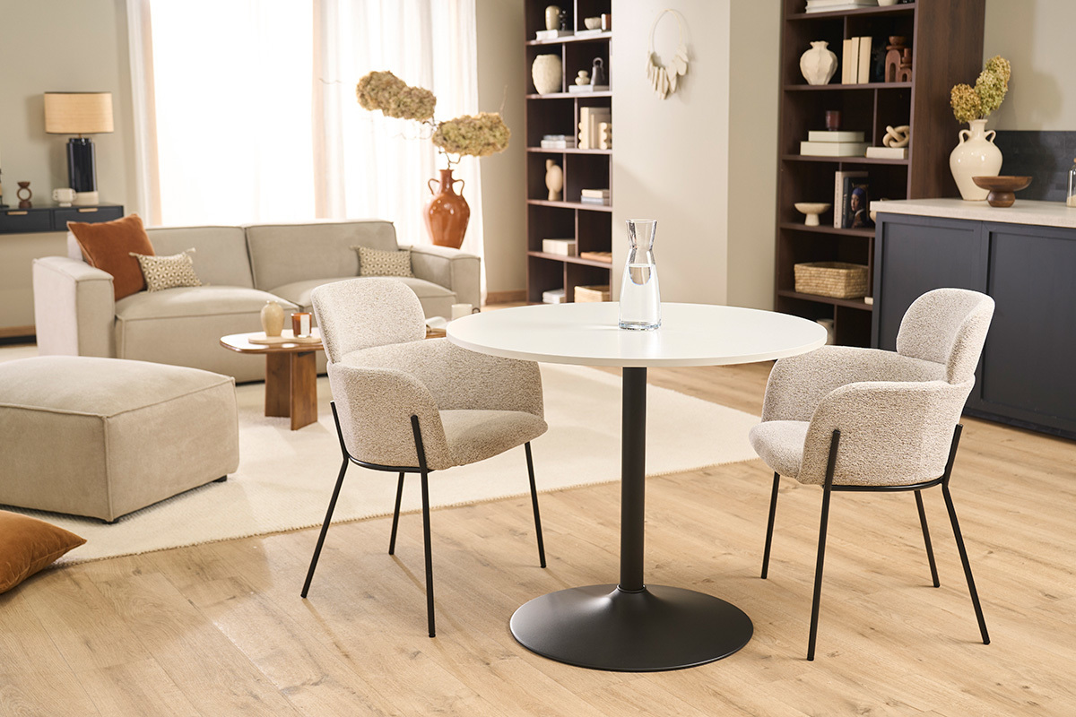 Table � manger design ronde blanche et m�tal noir D90 cm CALISTA