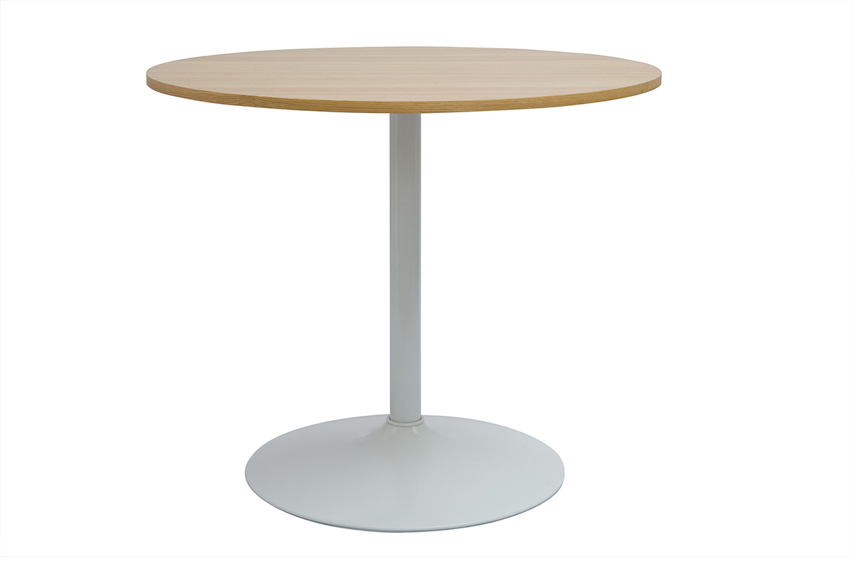 Table  manger design ronde en bois clair chne et mtal blanc D90 cm CALISTA