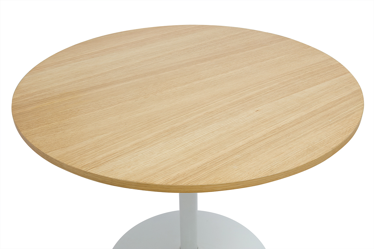 Table  manger design ronde en bois clair chne et mtal blanc D90 cm CALISTA