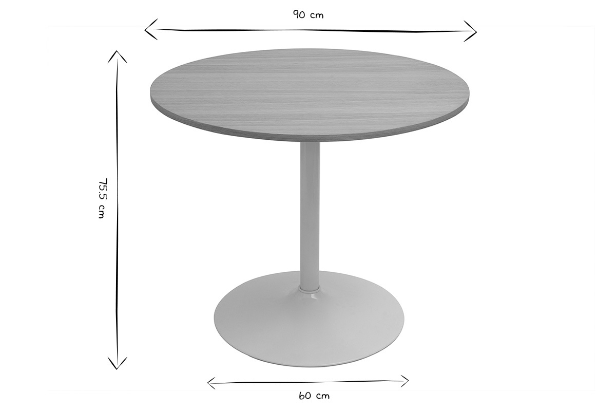 Table  manger design ronde en bois clair chne et mtal blanc D90 cm CALISTA
