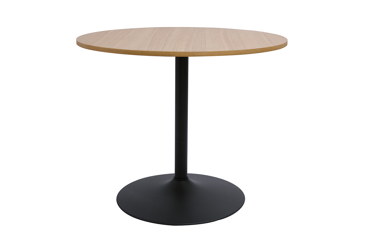 Table  manger design ronde en bois clair chne et noire D90 cm CALISTA