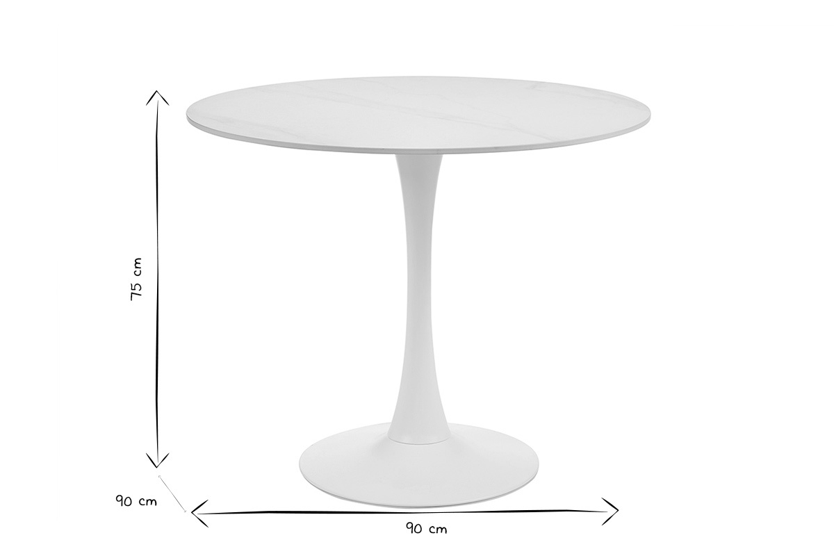 Table  manger design ronde en cramique blanche et mtal D90 cm MALOU