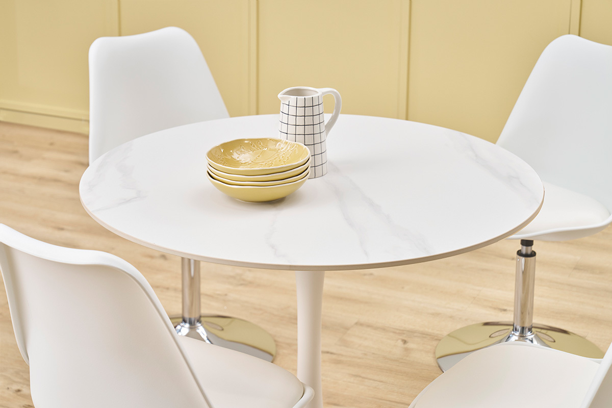 Table � manger design ronde en c�ramique blanche et m�tal D90 cm MALOU