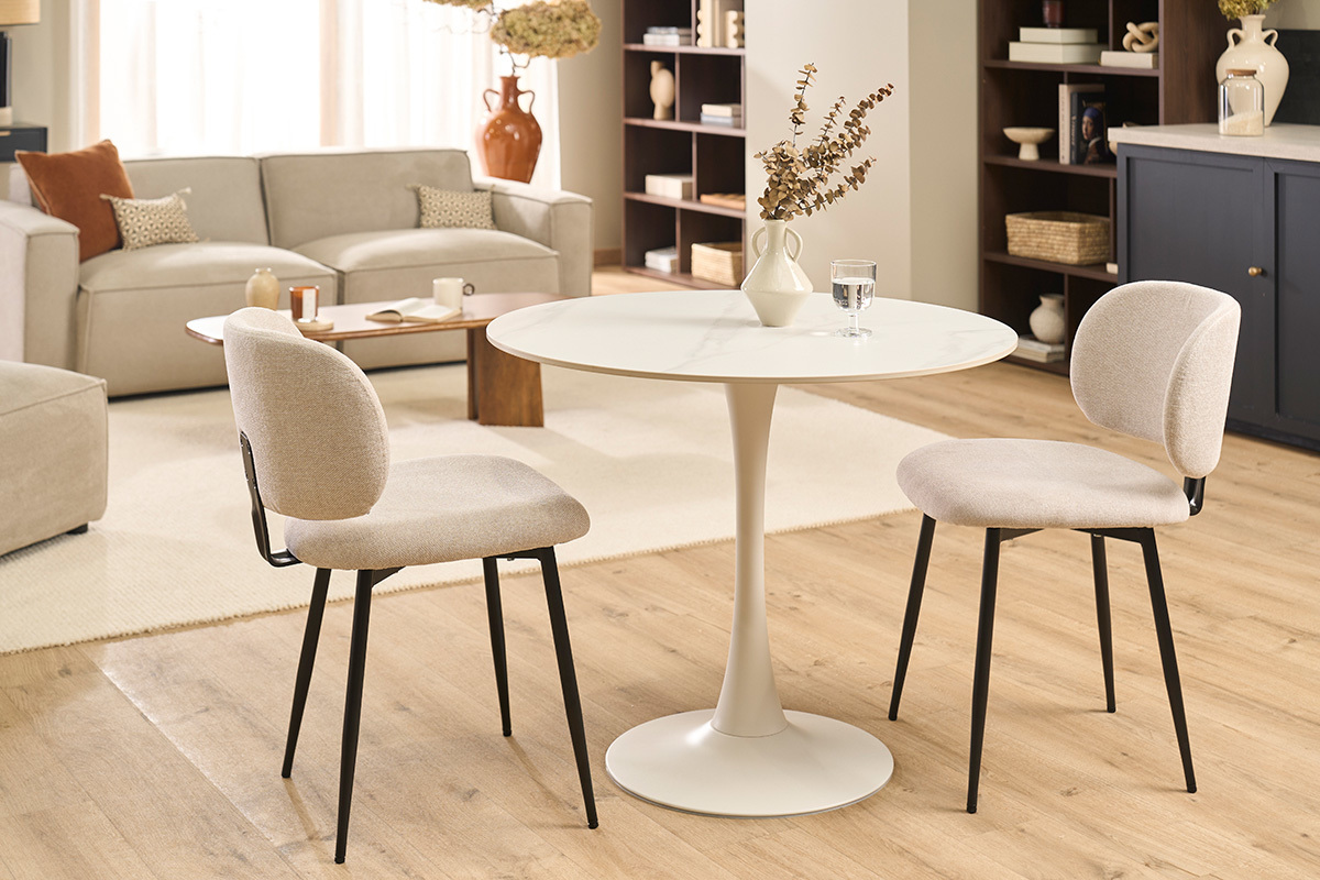 Table � manger design ronde en c�ramique blanche et m�tal D90 cm MALOU