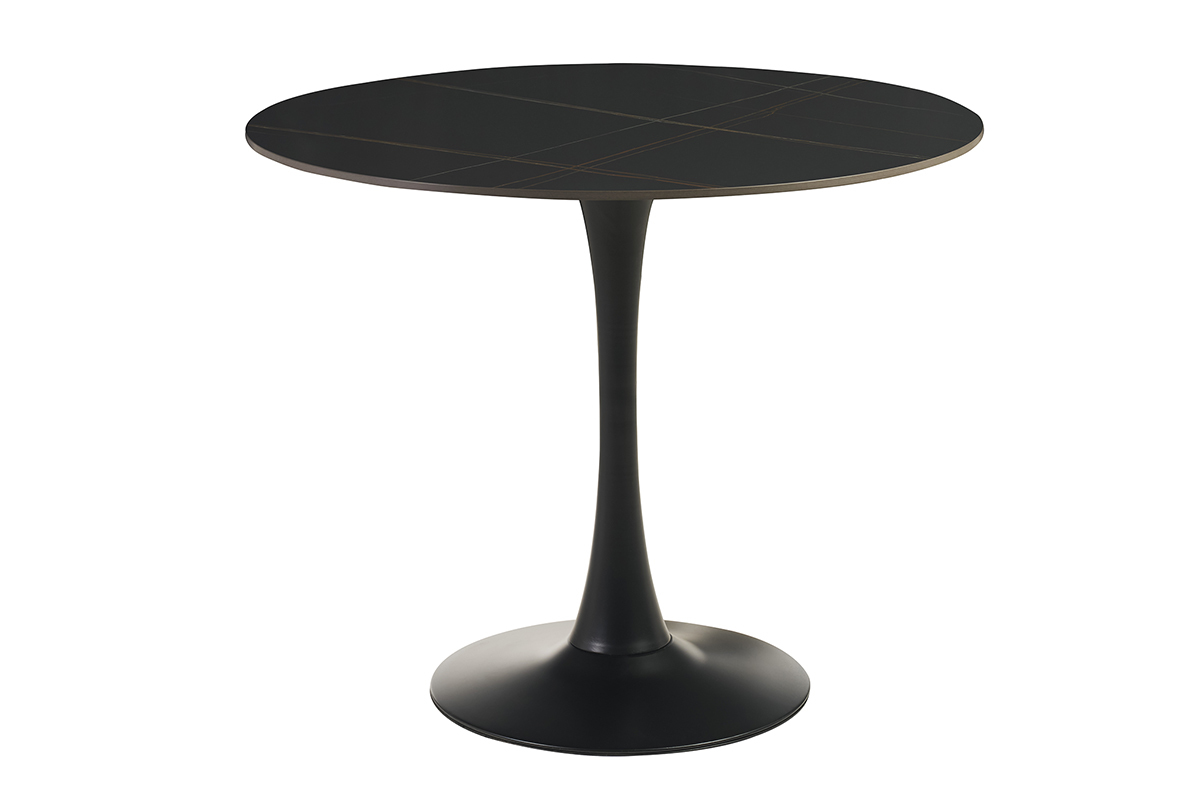 Table  manger design ronde en cramique noire et mtal D90 cm MALOU