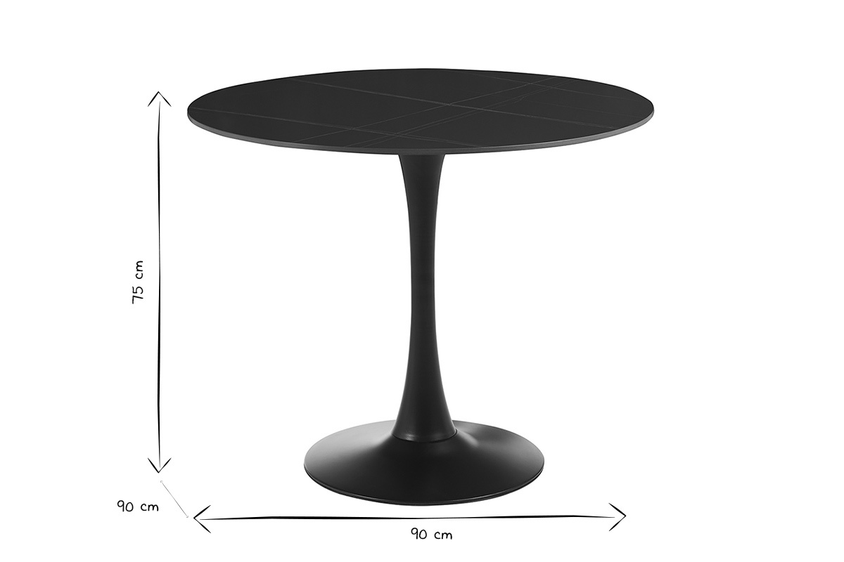 Table  manger design ronde en cramique noire et mtal D90 cm MALOU