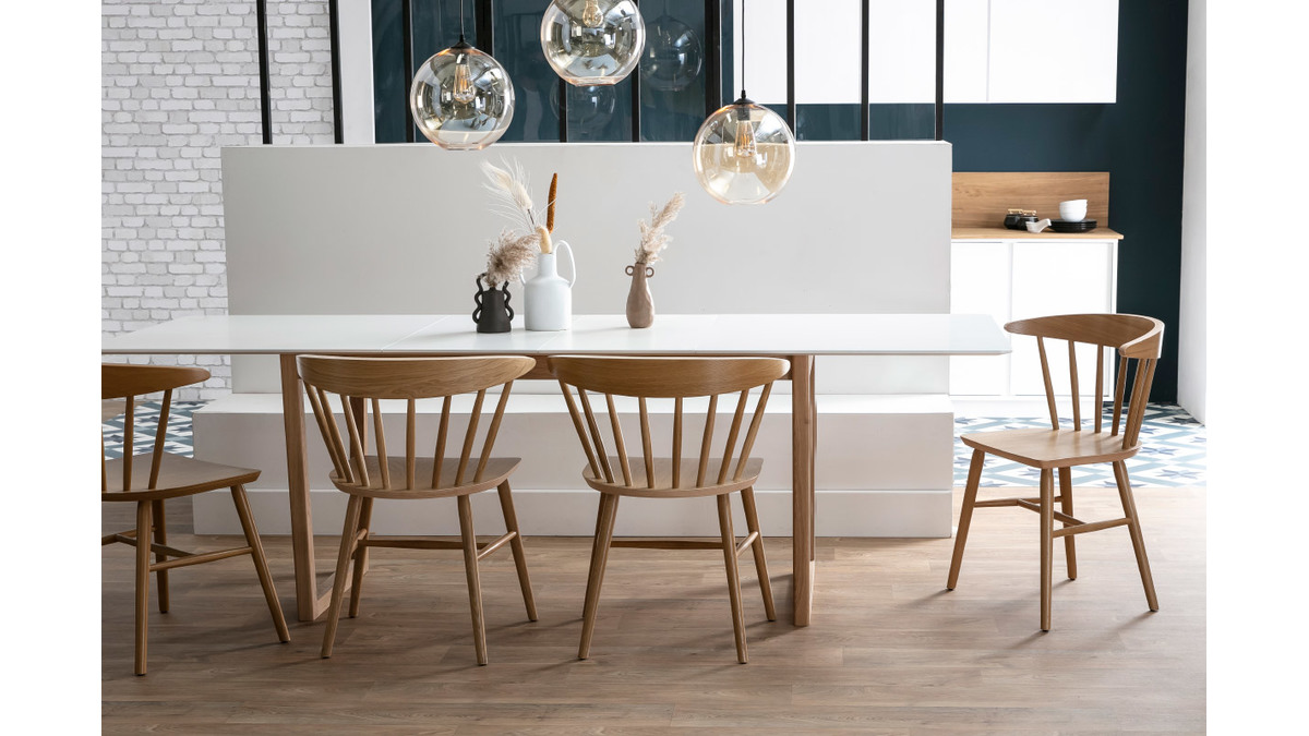 Table  manger extensible rallonges intgres en bois clair et blanc rectangulaire L160-240 cm LAHO