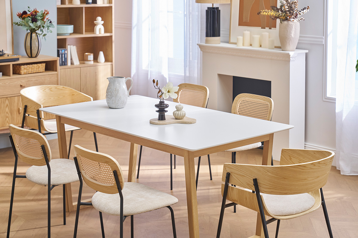 Table  manger extensible rectangulaire rallonges intgres finition blanc et bois clair chne massif L160-240 cm LAHO