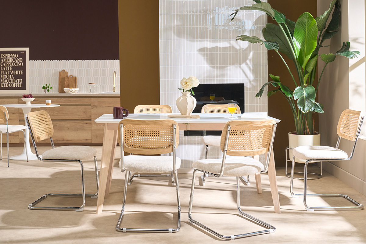 Table � manger extensible scandinave blanc et bois clair L150-200 cm LEENA
