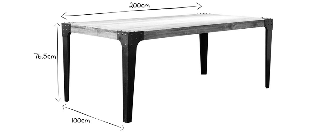 Table à manger industrielle rectangulaire acier et manguier massif L200 cm MADISON