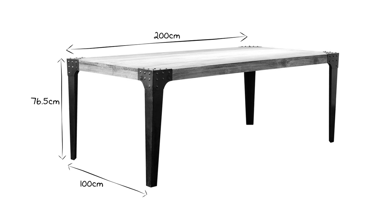 Table  manger industrielle rectangulaire acier et manguier massif L200 cm MADISON