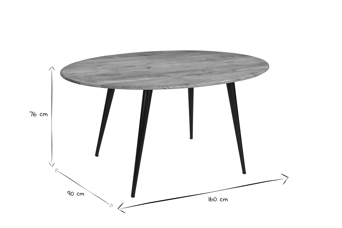 Table à manger ovale en bois massif et métal noir L160 cm OBALI