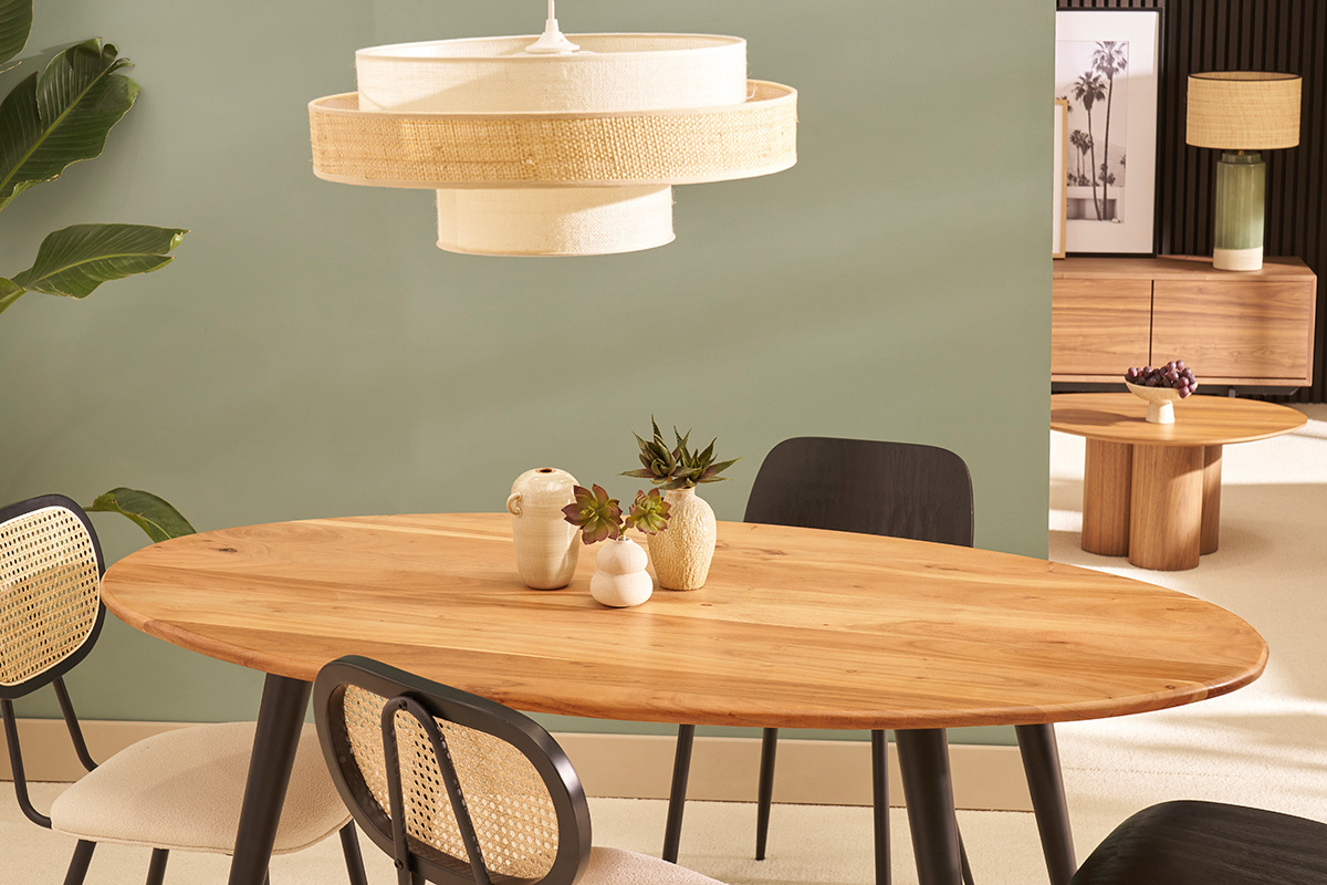 Table à manger ovale en bois massif et métal noir L160 cm OBALI