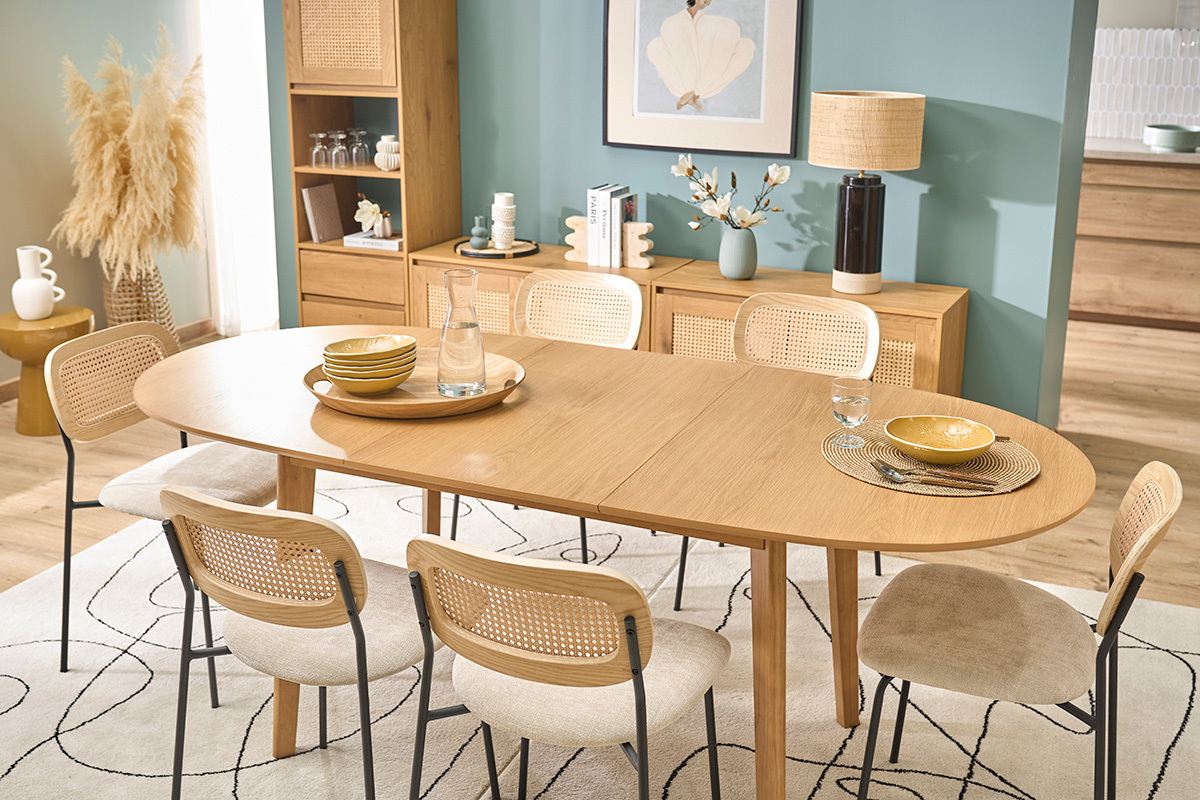 Table � manger ovale extensible avec rallonges int�gr�es en bois clair ch�ne L150-200 cm ANSEL