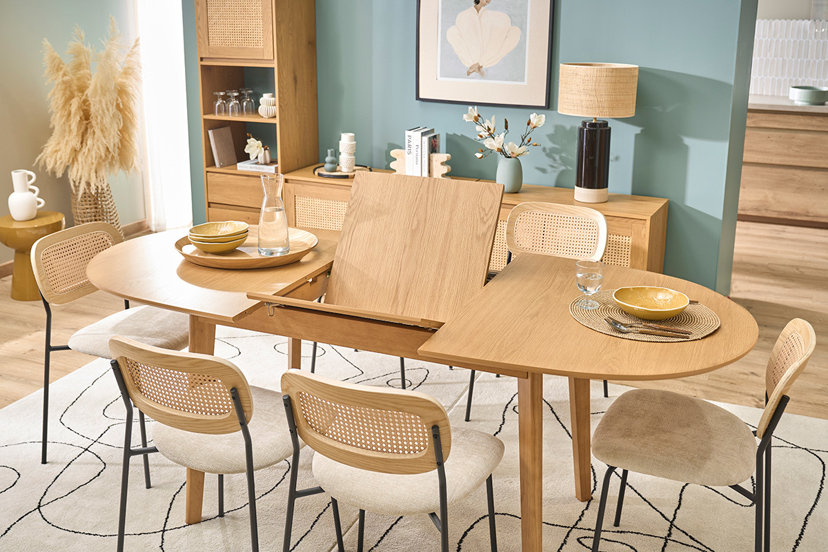 Table � manger ovale extensible avec rallonges int�gr�es en bois clair ch�ne L150-200 cm ANSEL