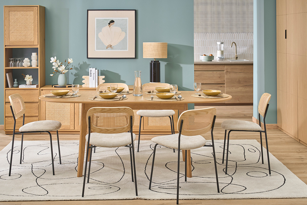 Table � manger ovale extensible avec rallonges int�gr�es en bois clair ch�ne L150-200 cm ANSEL