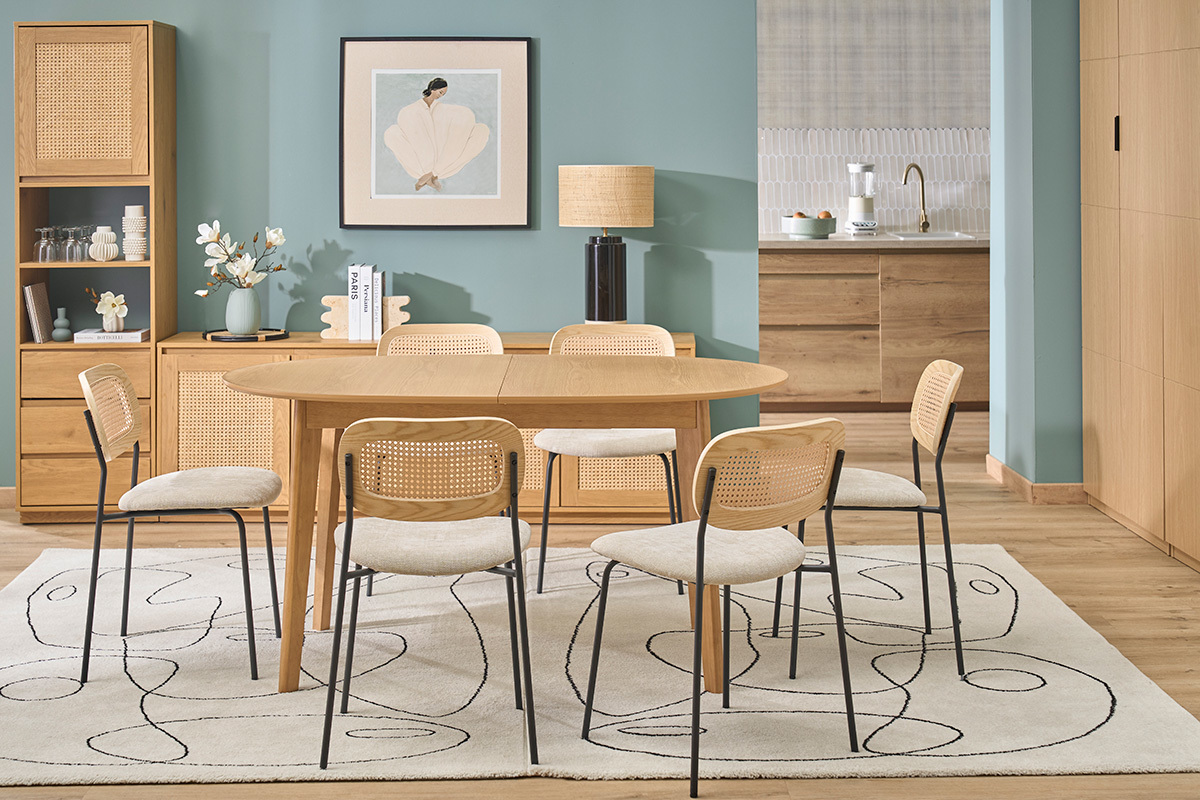 Table � manger ovale extensible avec rallonges int�gr�es en bois clair ch�ne L150-200 cm ANSEL