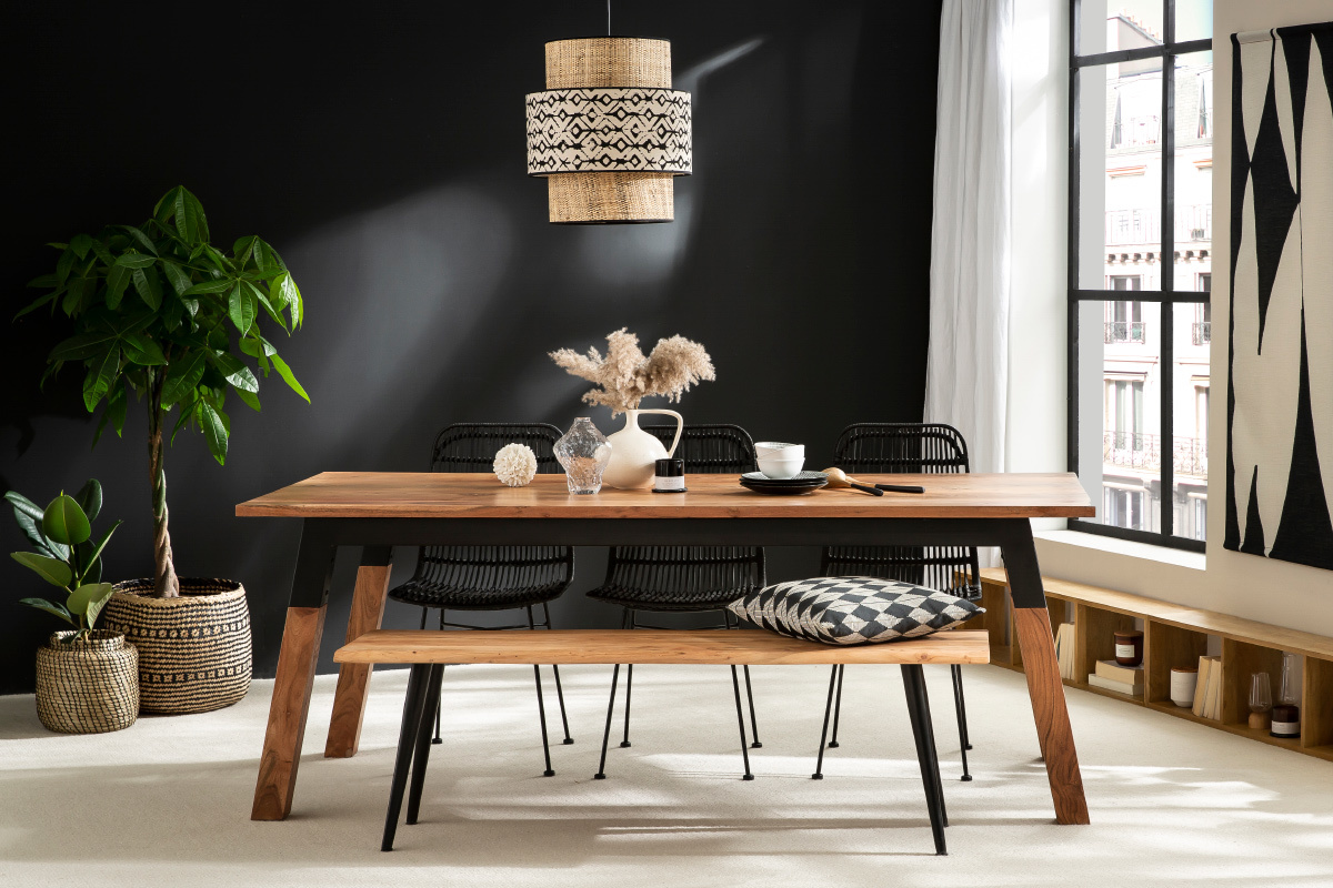 Table  manger rectangulaire en bois massif et mtal noir L202 cm TIVOLI