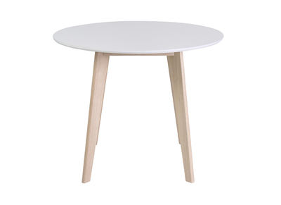 Table &agrave; manger ronde 100 cm blanc et bois LEENA