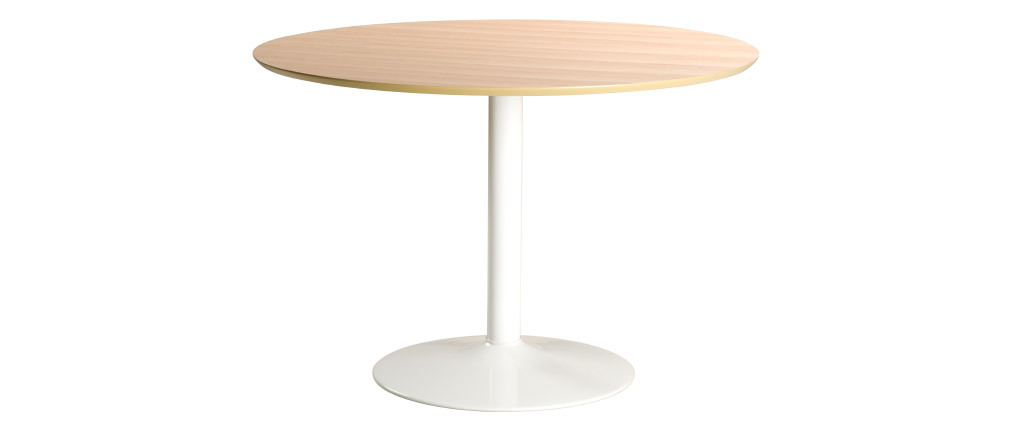 Table � manger ronde bois clair et m�tal blanc D110 cm KALI