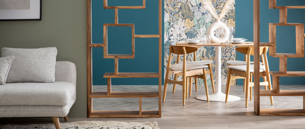 Table � manger ronde bois clair et m�tal blanc D110 cm KALI