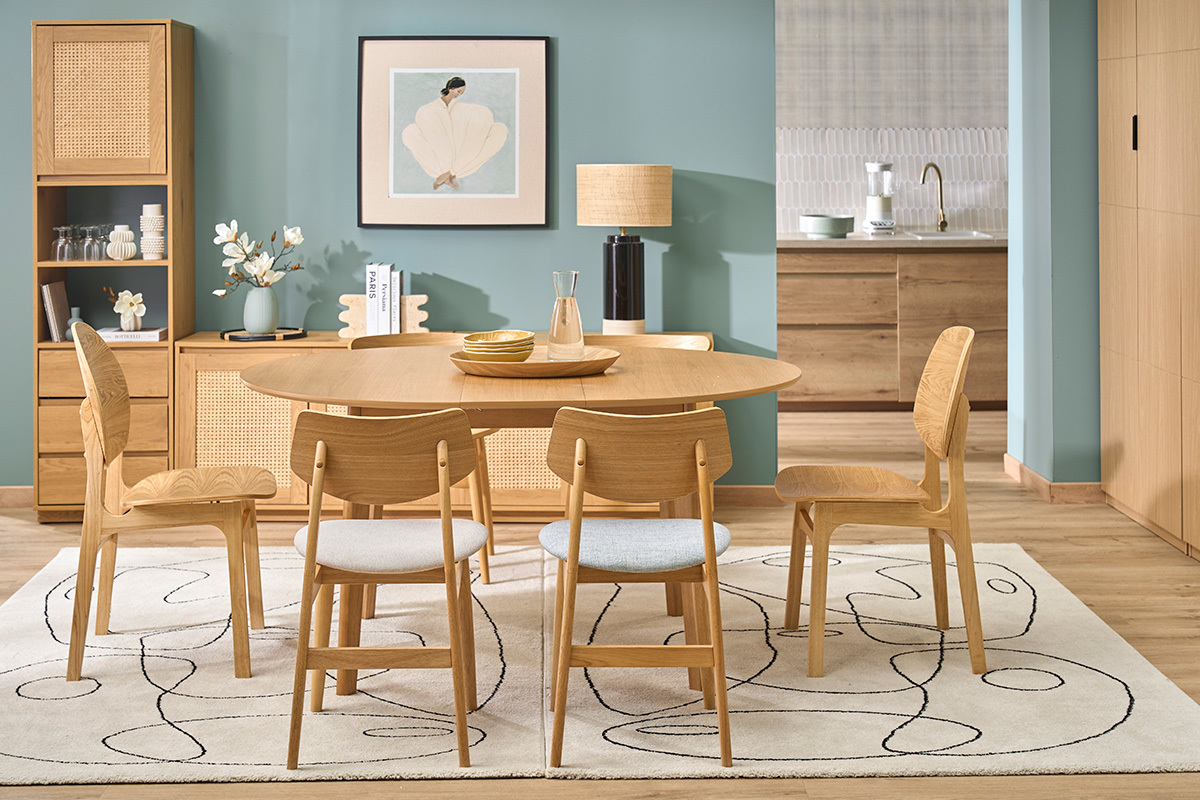 Table � manger ronde extensible en bois clair ch�ne L120-150 cm ANSEL