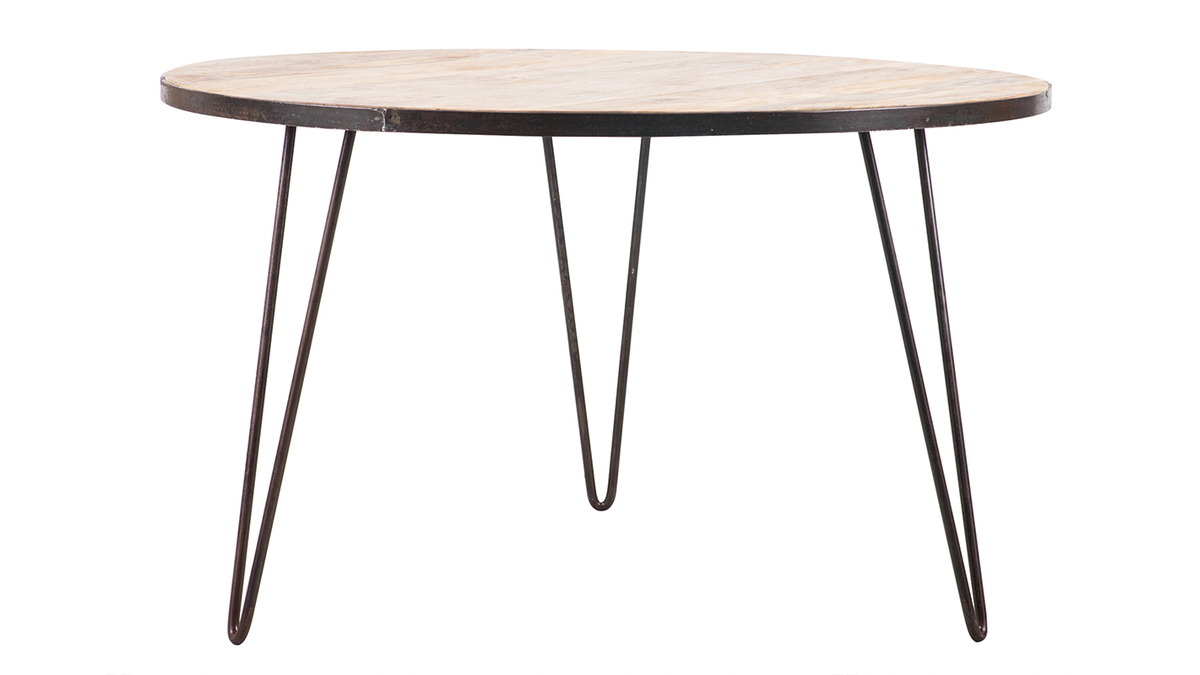 Table à manger ronde industrielle bois manguier massif et métal D125 cm ATELIER