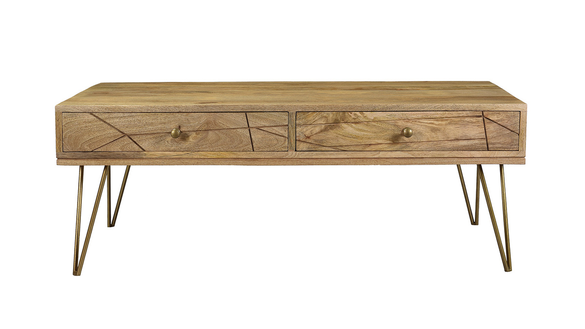 Table basse 2 tiroirs gravée bois manguier massif et métal doré L120 cm LINIUM
