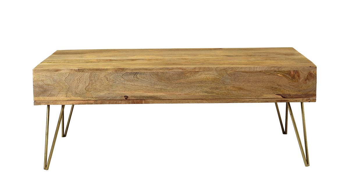 Table basse 2 tiroirs gravée bois manguier massif et métal doré L120 cm LINIUM