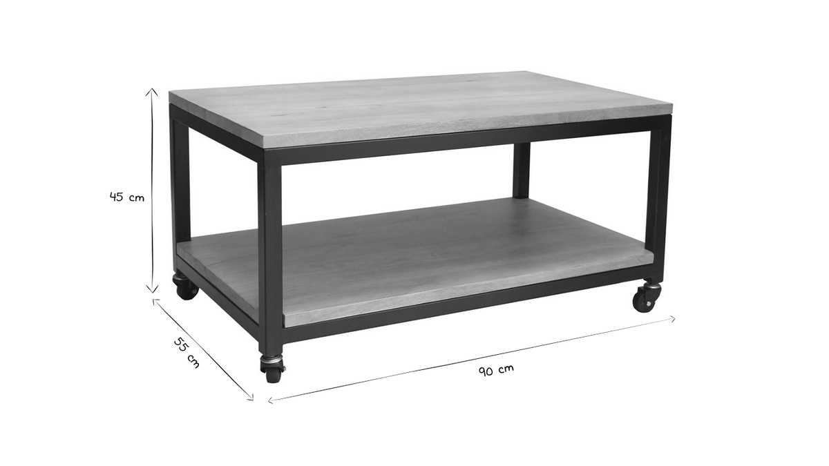 Table basse à roulettes industrielle bois manguier massif et métal noir L90 cm FACTORY