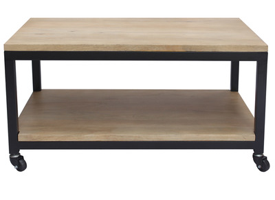 Table basse à roulettes industrielle bois manguier massif et métal noir L90 cm FACTORY
