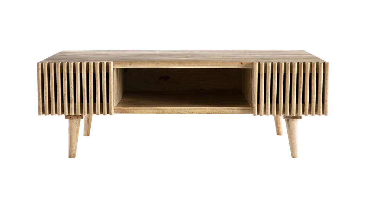 Table basse avec portes coulissantes bois clair manguier massif ALBA