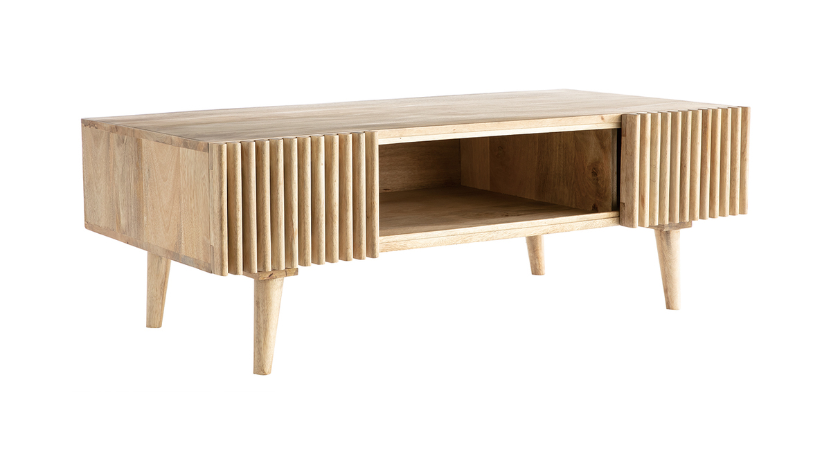 Table basse avec portes coulissantes bois clair manguier massif ALBA