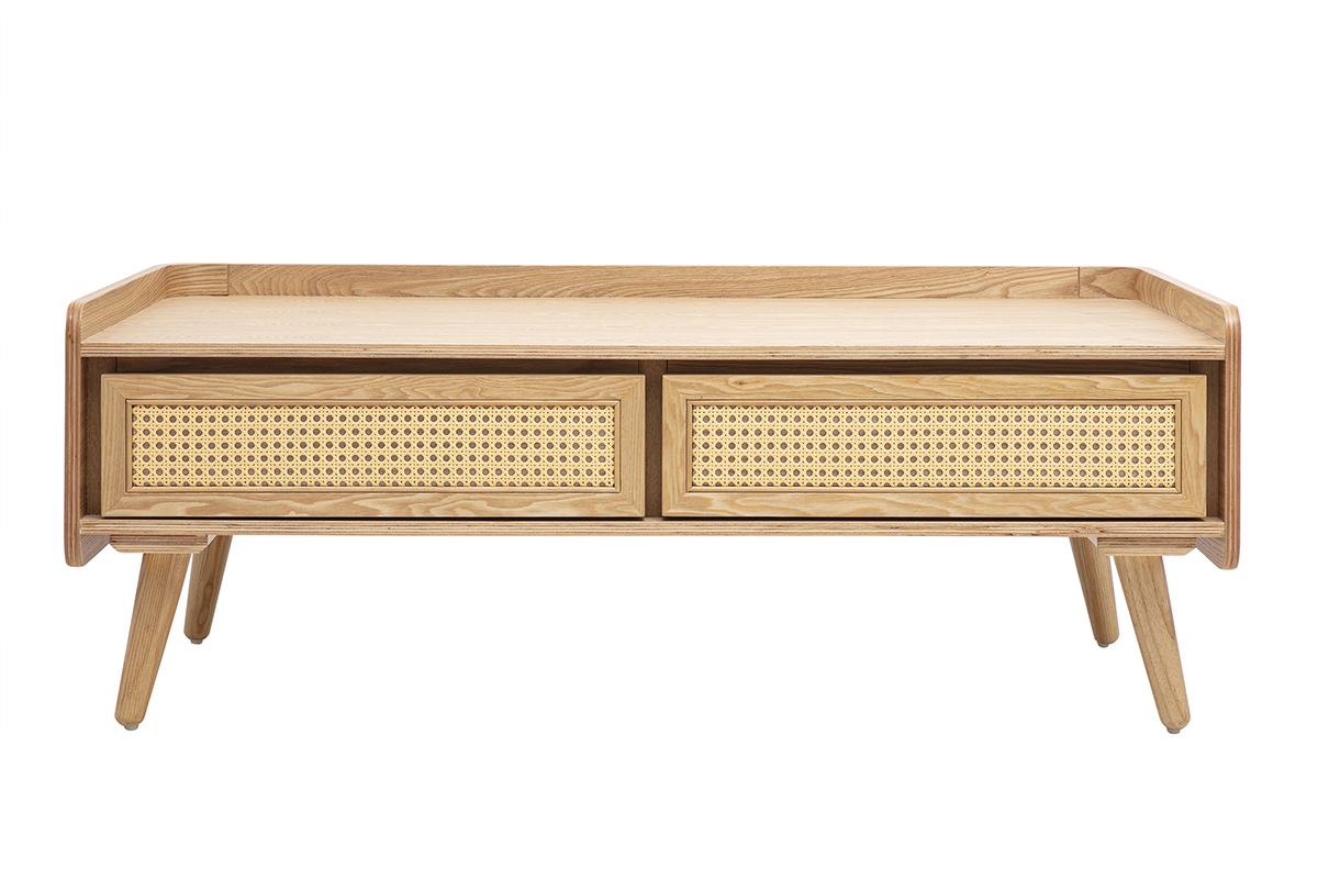 Table basse avec rangements en bois clair fr�ne et cannage rotin L120 cm ELSY