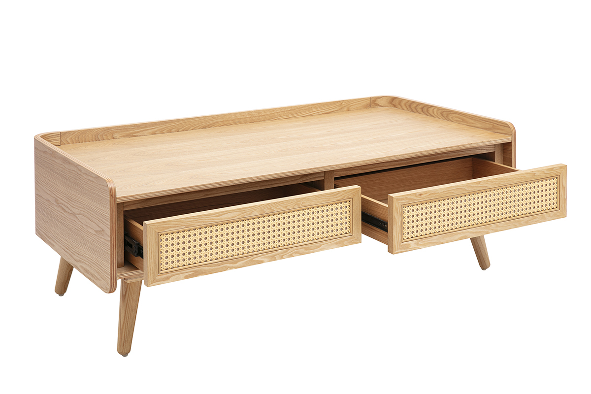 Table basse avec rangements en bois clair fr�ne et cannage rotin L120 cm ELSY