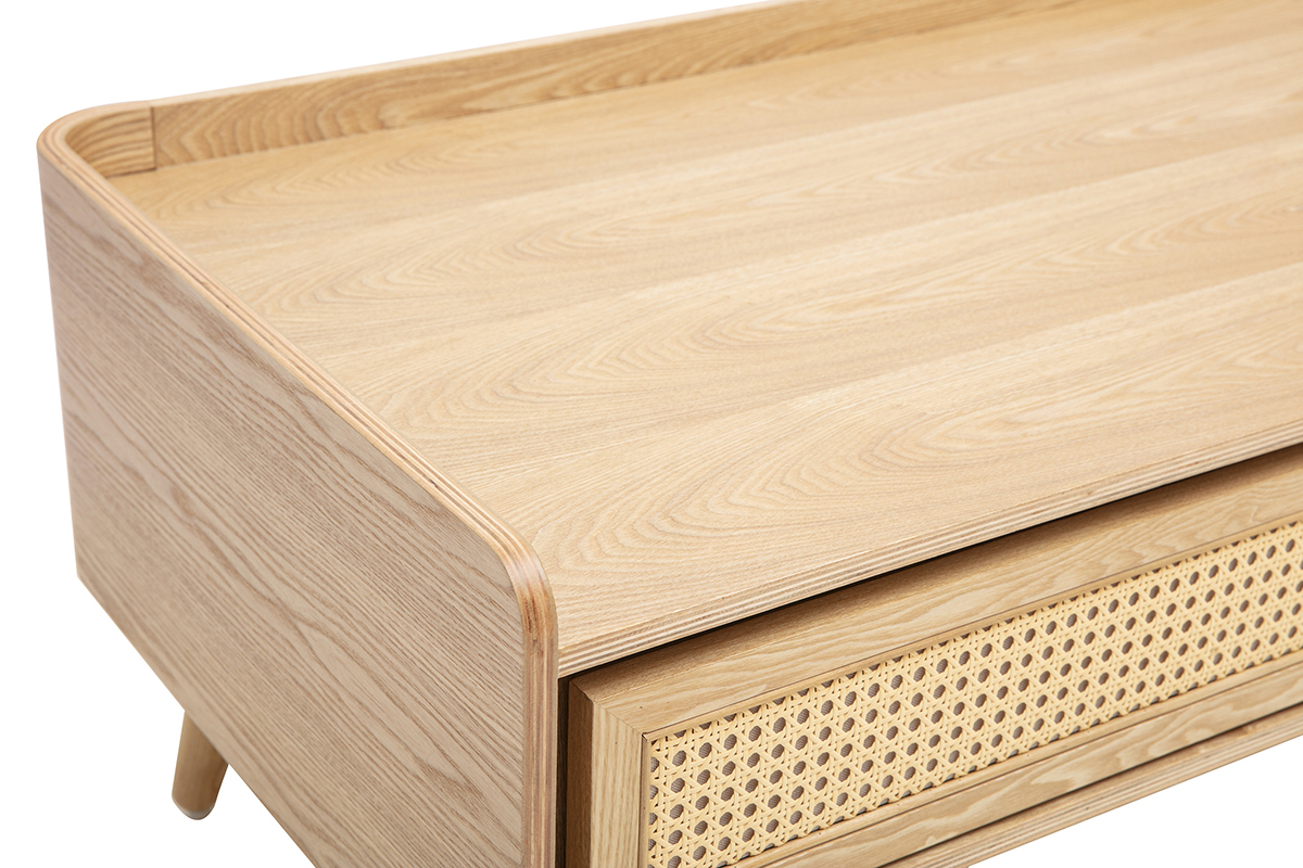 Table basse avec rangements en bois clair fr�ne et cannage rotin L120 cm ELSY