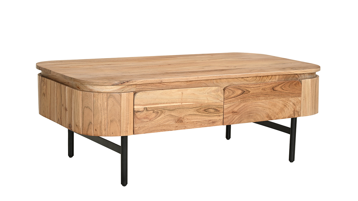 Table basse avec rangements en bois massif et mtal noir 4 tiroirs L115 cm NAPOLI
