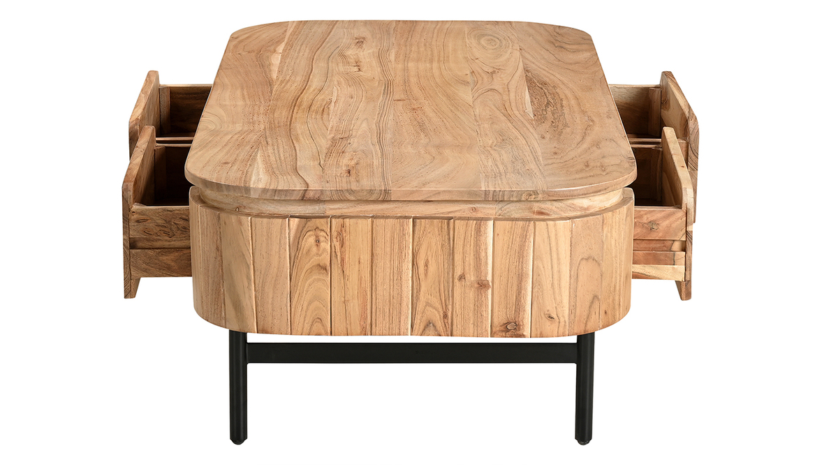 Table basse avec rangements en bois massif et mtal noir 4 tiroirs L115 cm NAPOLI