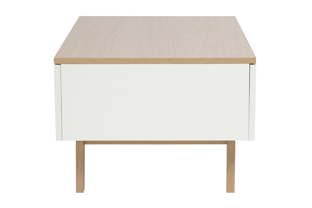 Table basse blanche laqu�e brillante et finition bois clair 4 tiroirs L100 cm MELKA